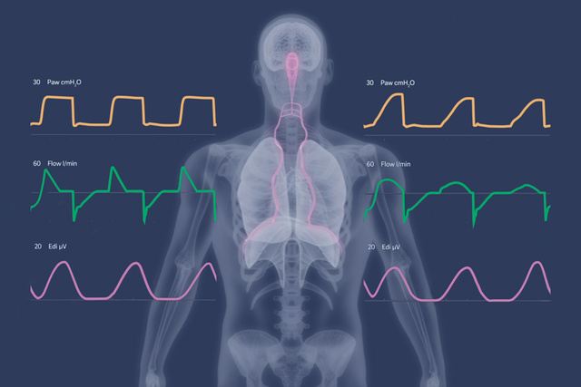 Graphic illustration showing an x-ray of a human torso with lungs, diaphragm and Edi signal as well as NAVA and NPS waveforms