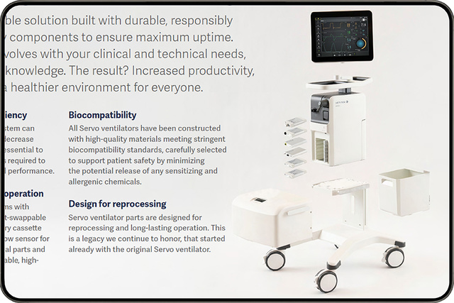 Tablet computer displaying a slide from the Servo-u product e-brochure showing an exploded view of a Servo-u ventilator system