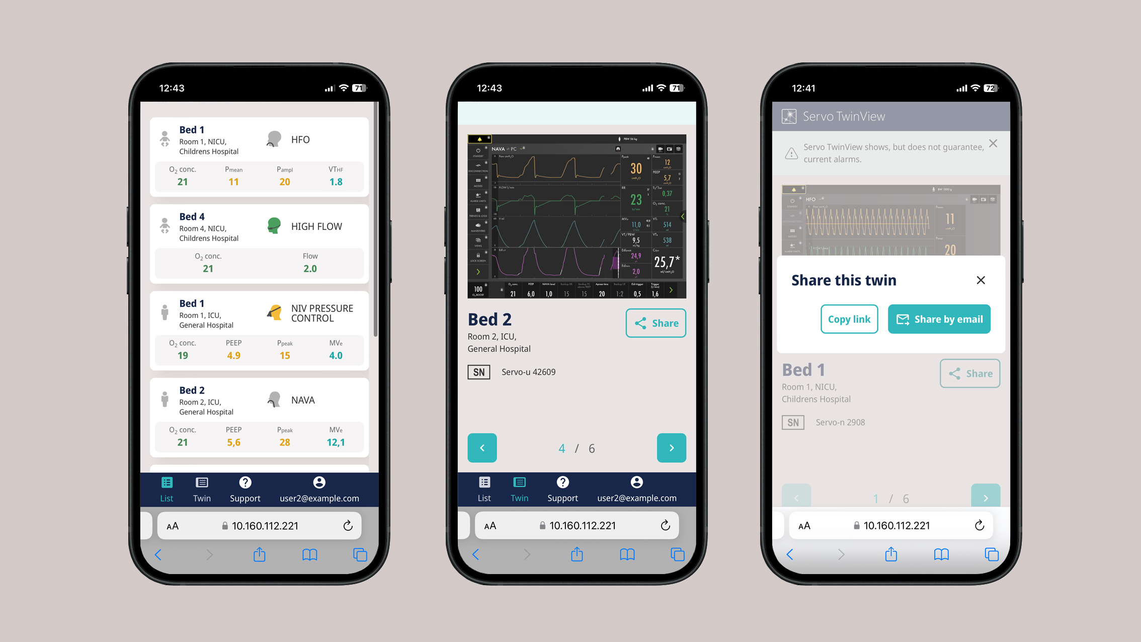 Mobile phone screens displaying Servo ventilator TwinView remote virtual twin app 