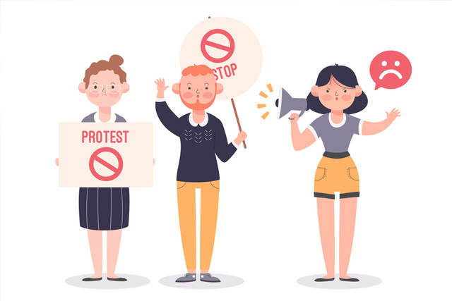 Illustration of three individuals protesting, holding signs with a prohibition symbol, including 'Protest' and 'Stop,' while another uses a megaphone with a sad emoji above, symbolizing objection or disagreement.