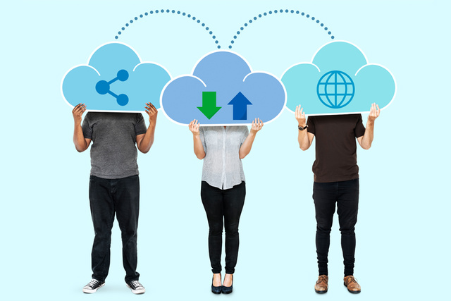 Three individuals holding cloud-shaped signs over their heads, representing data privacy concepts: sharing, uploading and downloading, and global access, on a light blue background. 