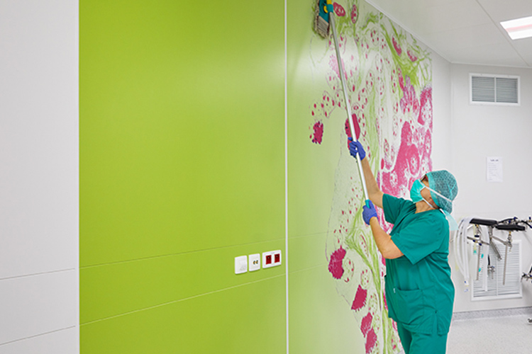 Woman cleaning a wall